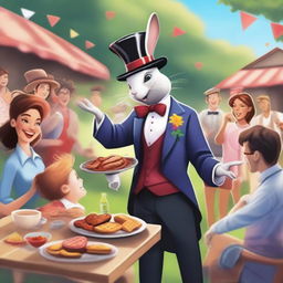 A vibrant digital art image showcasing a charismatic magician performing tricks at a friendly barbecue gathering