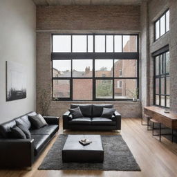 Modern loft apartment with minimalist interior design, featuring large windows, hardwood floors, and modern furniture such as a black leather couch.