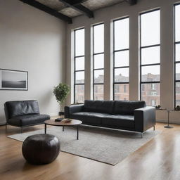 Modern loft apartment with minimalist interior design, featuring large windows, hardwood floors, and modern furniture such as a black leather couch.