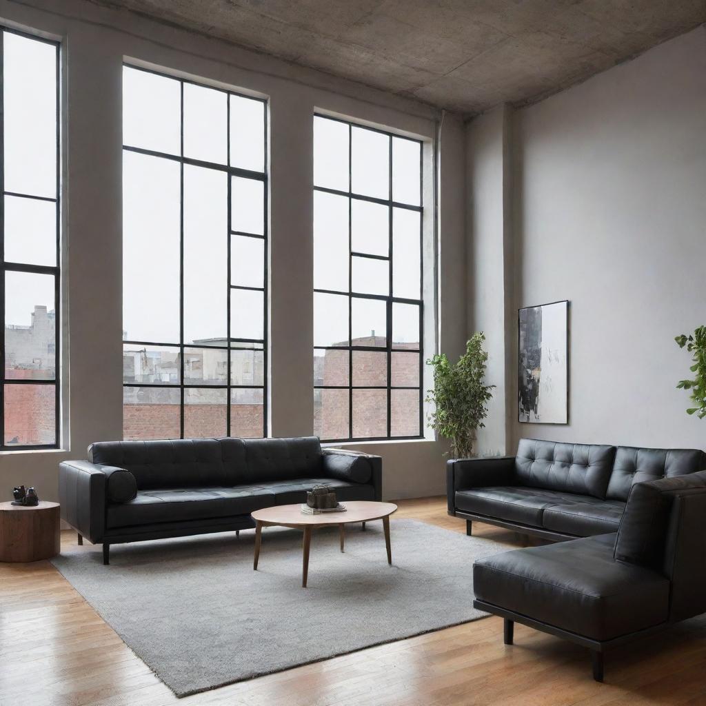 Modern loft apartment with minimalist interior design, featuring large windows, hardwood floors, and modern furniture such as a black leather couch.