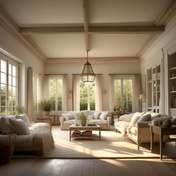 French country living room, architectural photography, natural light, all white, 8k, stunning brightness, high contrast