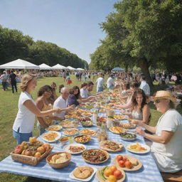 A lively picnic scene with many people, cooking and enjoying a feast of healthy food under a clear, sunny sky.