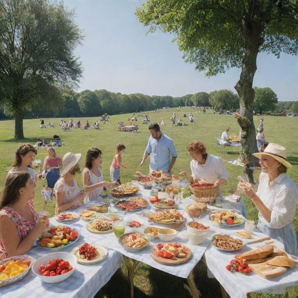 A lively picnic scene with many people, cooking and enjoying a feast of healthy food under a clear, sunny sky.