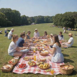 A lively picnic scene with many people, cooking and enjoying a feast of healthy food under a clear, sunny sky.