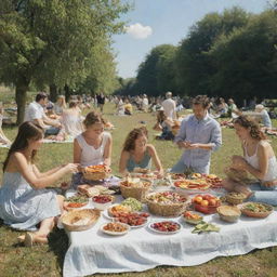 A lively picnic scene with many people, cooking and enjoying a feast of healthy food under a clear, sunny sky.