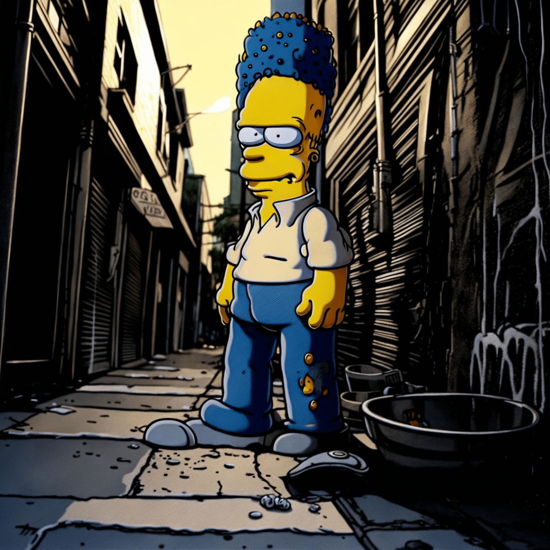 A moving photograph of a real-life Homer Simpson, homeless on LA's streets. His faded clothes, disheveled hair, and vacant eyes reveal the depths of his addiction. The harsh street lighting and low-angle shot emphasize his lost humanity.