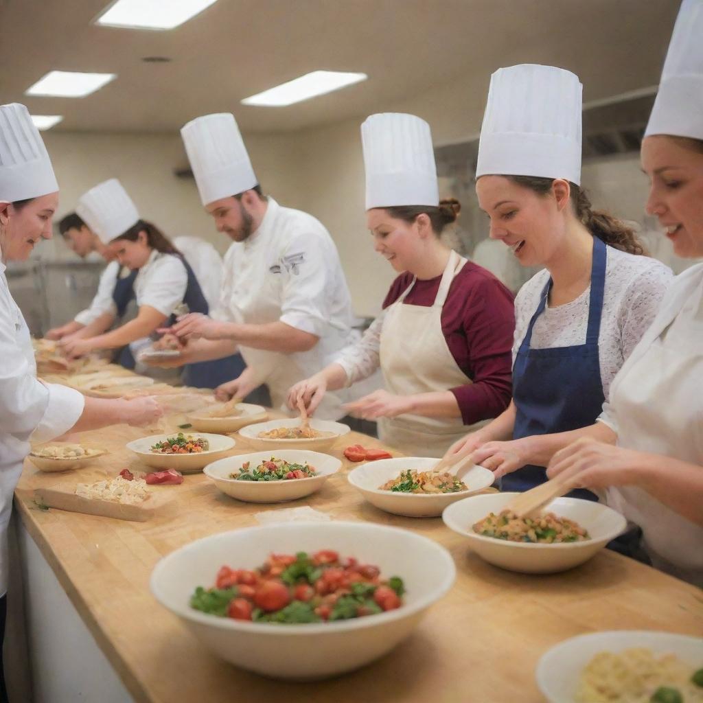 An interactive cooking class full of enthusiastic students and experienced chefs teaching them various recipes.