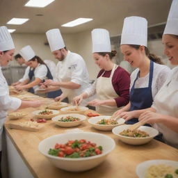 An interactive cooking class full of enthusiastic students and experienced chefs teaching them various recipes.