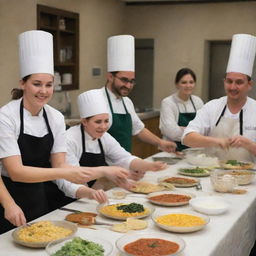 An interactive cooking class full of enthusiastic students and experienced chefs teaching them various recipes.