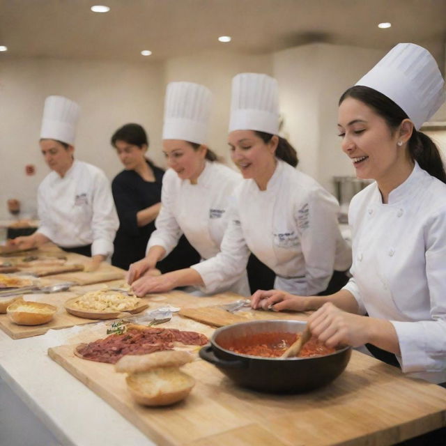 An interactive cooking class full of enthusiastic students and experienced chefs teaching them various recipes.