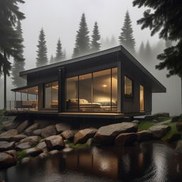 4k resolution, ultra detailed architectural photograph of avant garde minimalist cabin during torrential rain