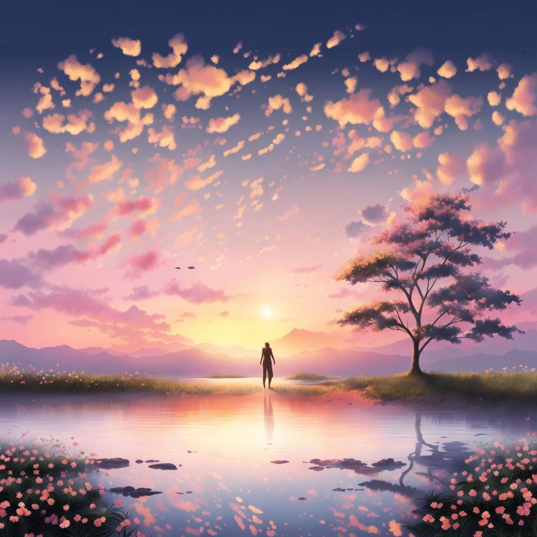 Digital art of serene landscape at sunset with a lone figure embracing nature's beauty by a tranquil lake.