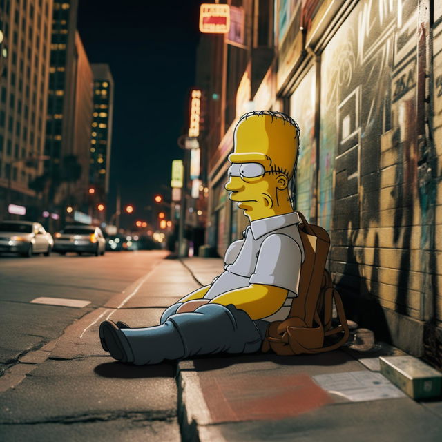 A cinematic photograph of Homer Simpson depicted as a homeless person on the streets of Los Angeles, looking like a strung out addict.