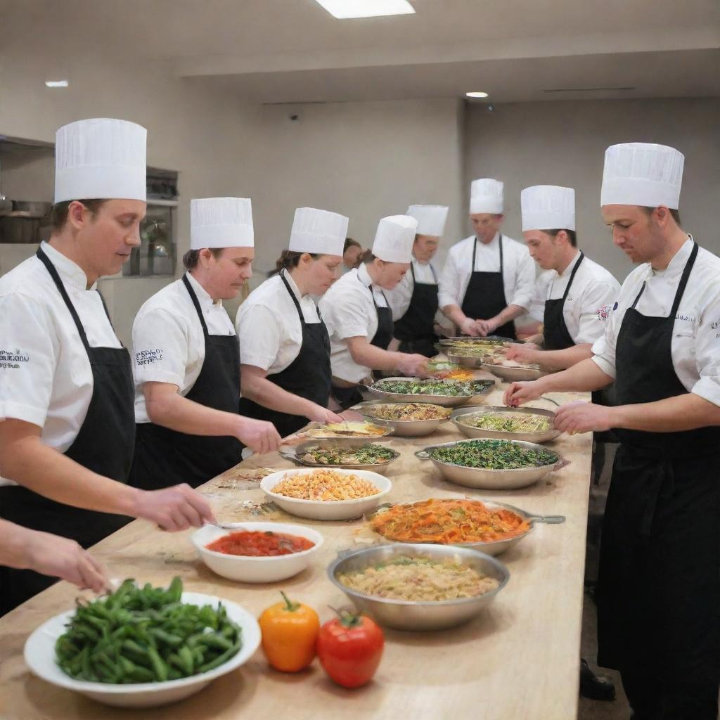 A scene of a busy and interactive cooking class, with budding chefs learning from experienced instructors.