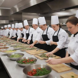 A scene of a busy and interactive cooking class, with budding chefs learning from experienced instructors.