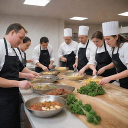 A scene of a busy and interactive cooking class, with budding chefs learning from experienced instructors.