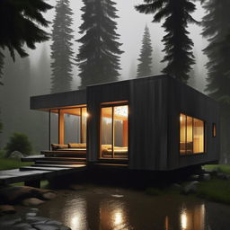 4k resolution, ultra detailed architectural photograph of avant garde minimalist cabin during torrential rain