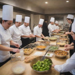 A scene of a busy and interactive cooking class, with budding chefs learning from experienced instructors.