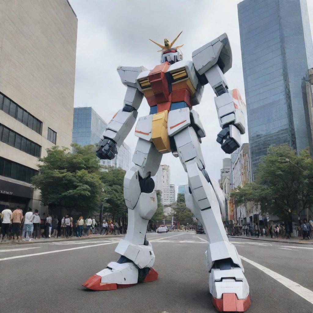 A detailed, large-scale Gundam Robot standing amidst the urban landscape with augmented reality effects enhancing its appearance.