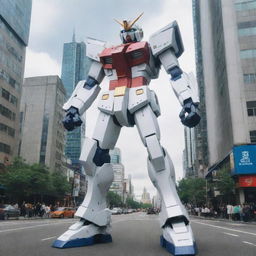 A detailed, large-scale Gundam Robot standing amidst the urban landscape with augmented reality effects enhancing its appearance.