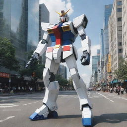 A detailed, large-scale Gundam Robot standing amidst the urban landscape with augmented reality effects enhancing its appearance.