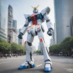 A detailed, large-scale Gundam Robot standing amidst the urban landscape with augmented reality effects enhancing its appearance.