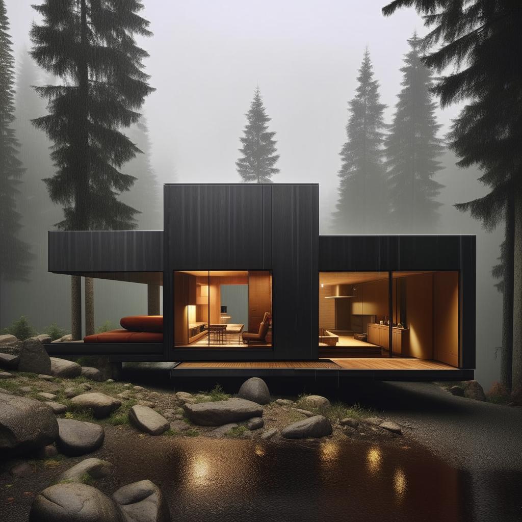 4k resolution, ultra detailed architectural photograph of avant garde minimalist cabin during torrential rain