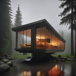 4k resolution, ultra detailed architectural photograph of avant garde minimalist cabin during torrential rain