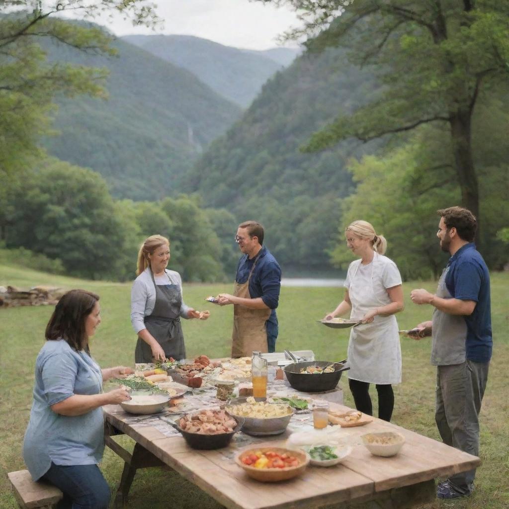 An outdoor cooking class at a scenic picnic location, with people learning to cook while enjoying the beautiful surroundings.