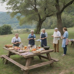 An outdoor cooking class at a scenic picnic location, with people learning to cook while enjoying the beautiful surroundings.