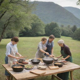 An outdoor cooking class at a scenic picnic location, with people learning to cook while enjoying the beautiful surroundings.