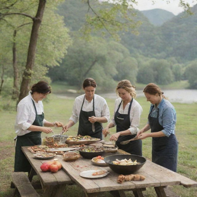 An outdoor cooking class at a scenic picnic location, with people learning to cook while enjoying the beautiful surroundings.