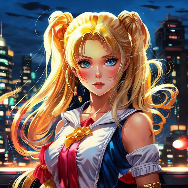 Hyper-realistic digital art of Sailor Moon in her iconic uniform, holding the Moon Stick against a twilight cityscape.