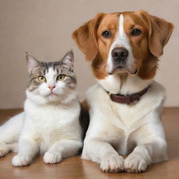 A charming cat and dog sitting together in harmony, displaying friendly camaraderie.