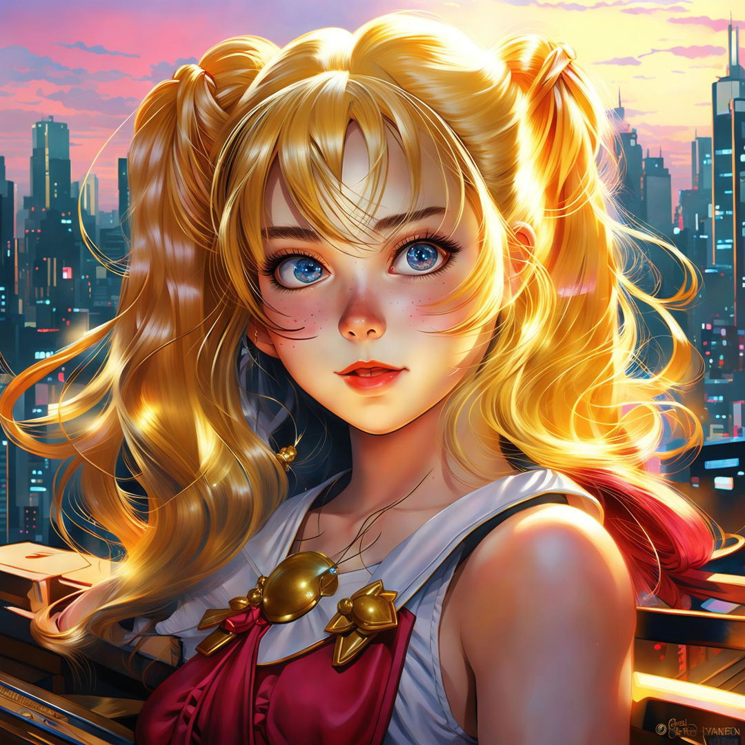 A hyper-realistic digital art of Sailor Moon in her uniform, holding the Moon Stick against a twilight cityscape.