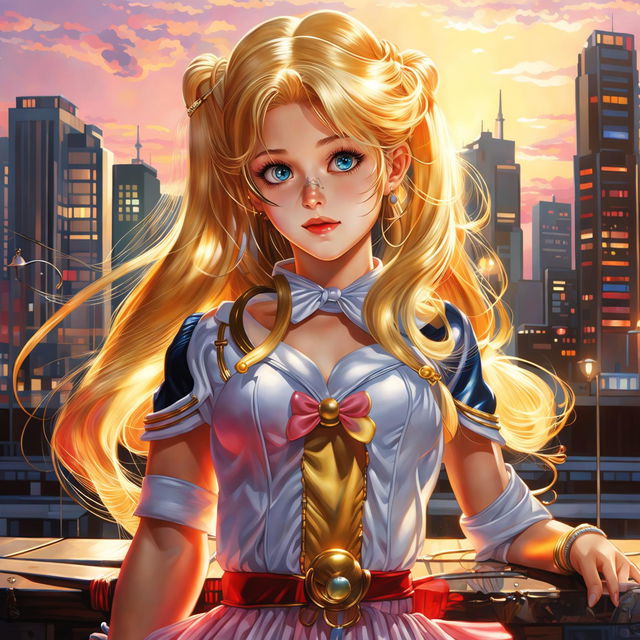 A hyper-realistic full-body digital art of Sailor Moon in her uniform, holding the Moon Stick against a twilight cityscape.