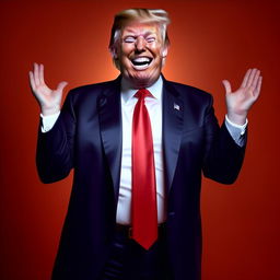 Further enhance the depiction of Donald Trump's ecstasy, where he is laughing heartily with tears of joy in his eyes while passionately dancing to YMCA.