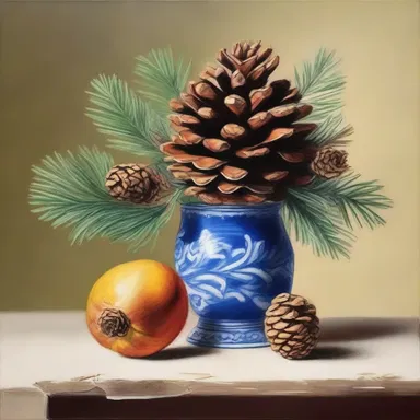 The artist painted a detailed still life featuring a pinecone as the centerpiece.