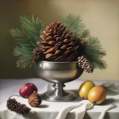 The artist painted a detailed still life featuring a pinecone as the centerpiece.