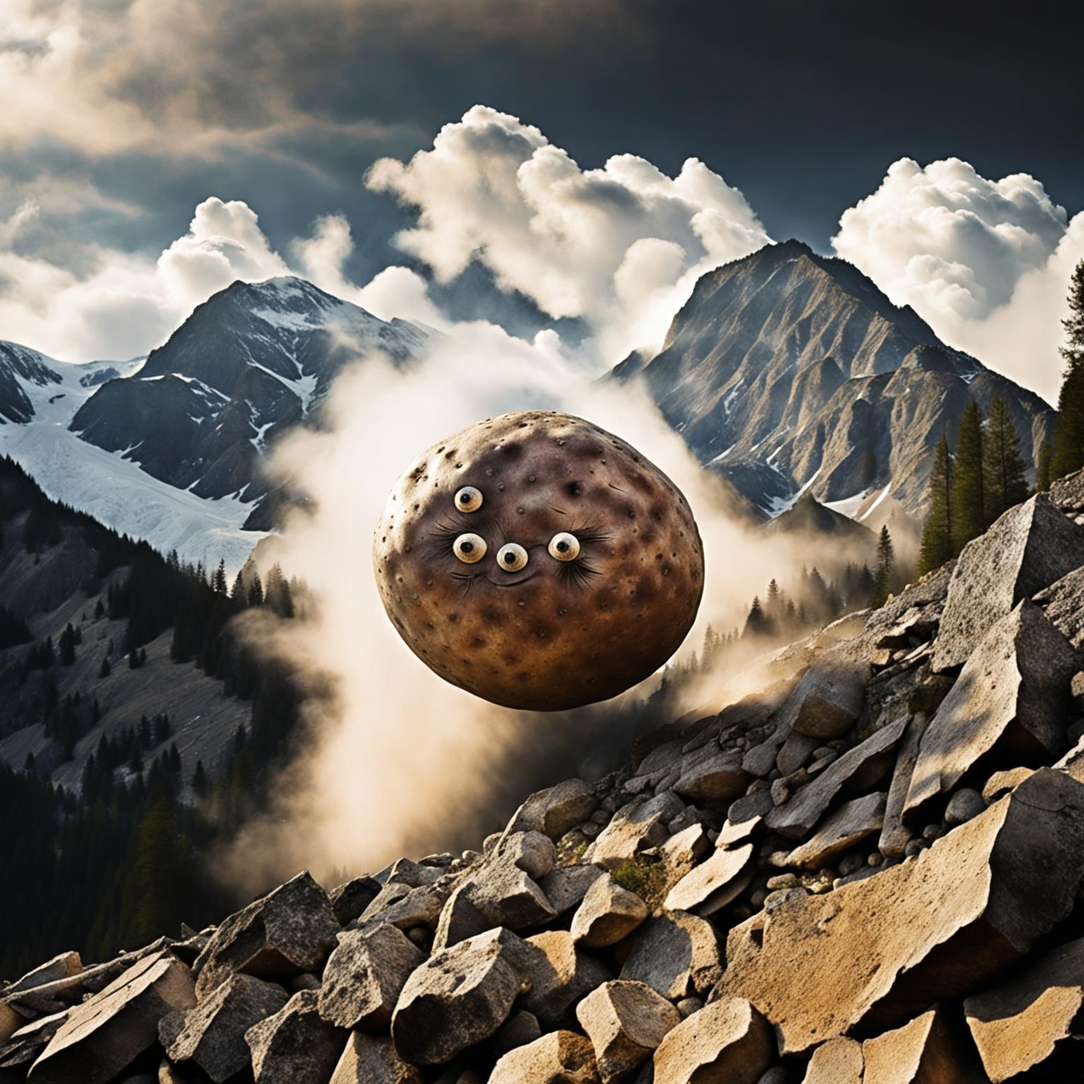 A colossal potato rolls down a mountain, causing destruction in its wake.