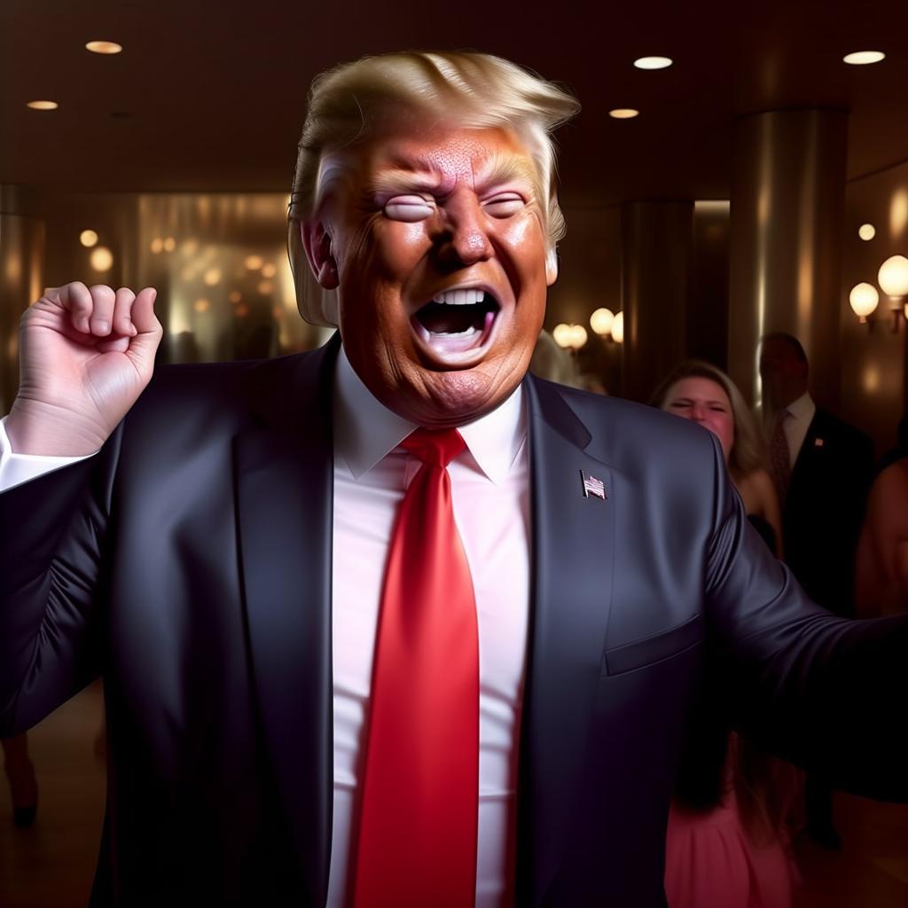 Further enhance the depiction of Donald Trump's ecstasy, where he is laughing heartily with tears of joy in his eyes while passionately dancing to YMCA.