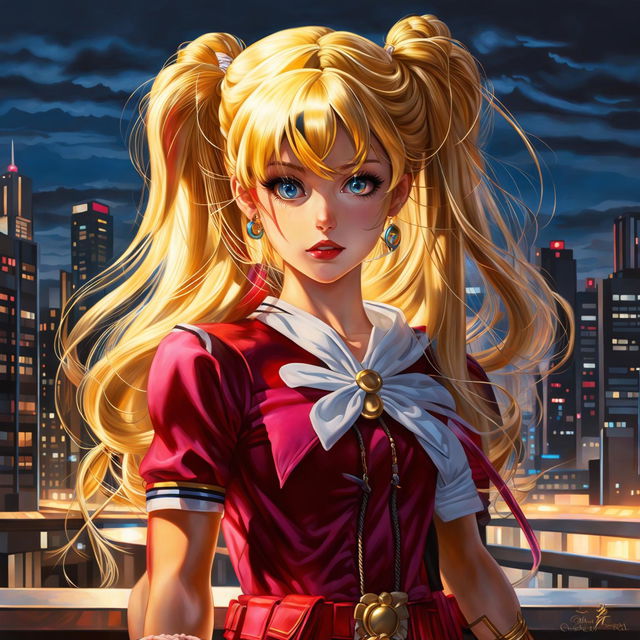 A hyper-realistic full-body digital art of a real-life Sailor Moon in her uniform, holding the Moon Stick against a twilight cityscape.