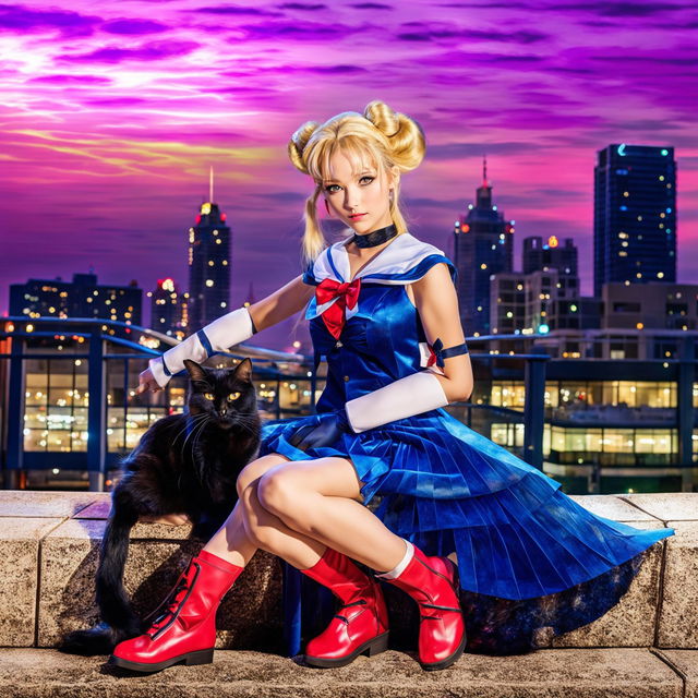 A real-life photograph of a woman dressed as Sailor Moon standing next to a black cat representing Luna against a cityscape at twilight.