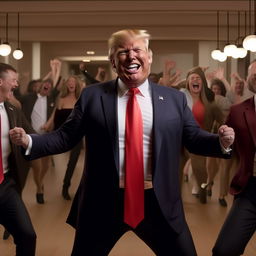 Further enhance the depiction of Donald Trump's ecstasy, where he is laughing heartily with tears of joy in his eyes while passionately dancing to YMCA.