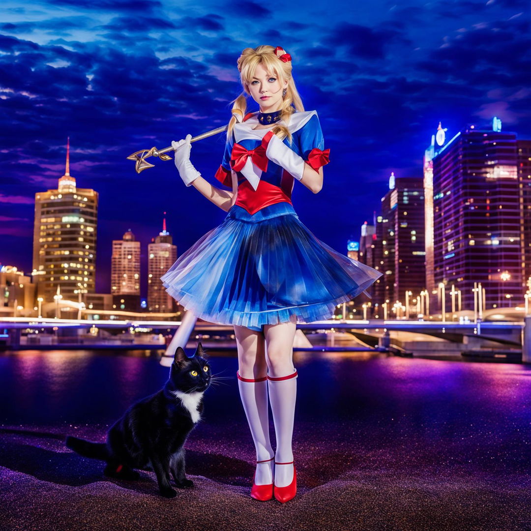 A real-life photograph of a woman dressed as Sailor Moon standing upright with a black cat representing Luna at her feet against a cityscape at twilight.