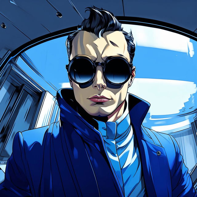 A mysterious character in round sunglasses and a stylish navy blue coat.