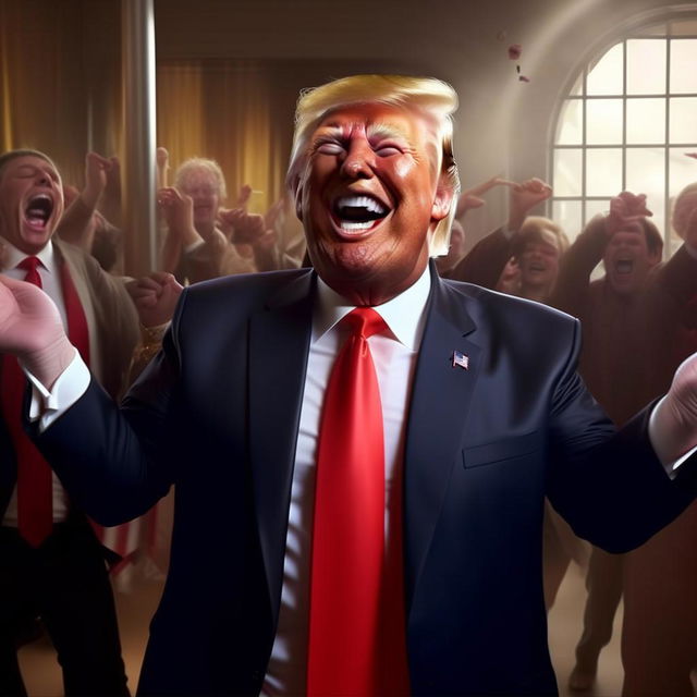 Further enhance the depiction of Donald Trump's ecstasy, where he is laughing heartily with tears of joy in his eyes while passionately dancing to YMCA.