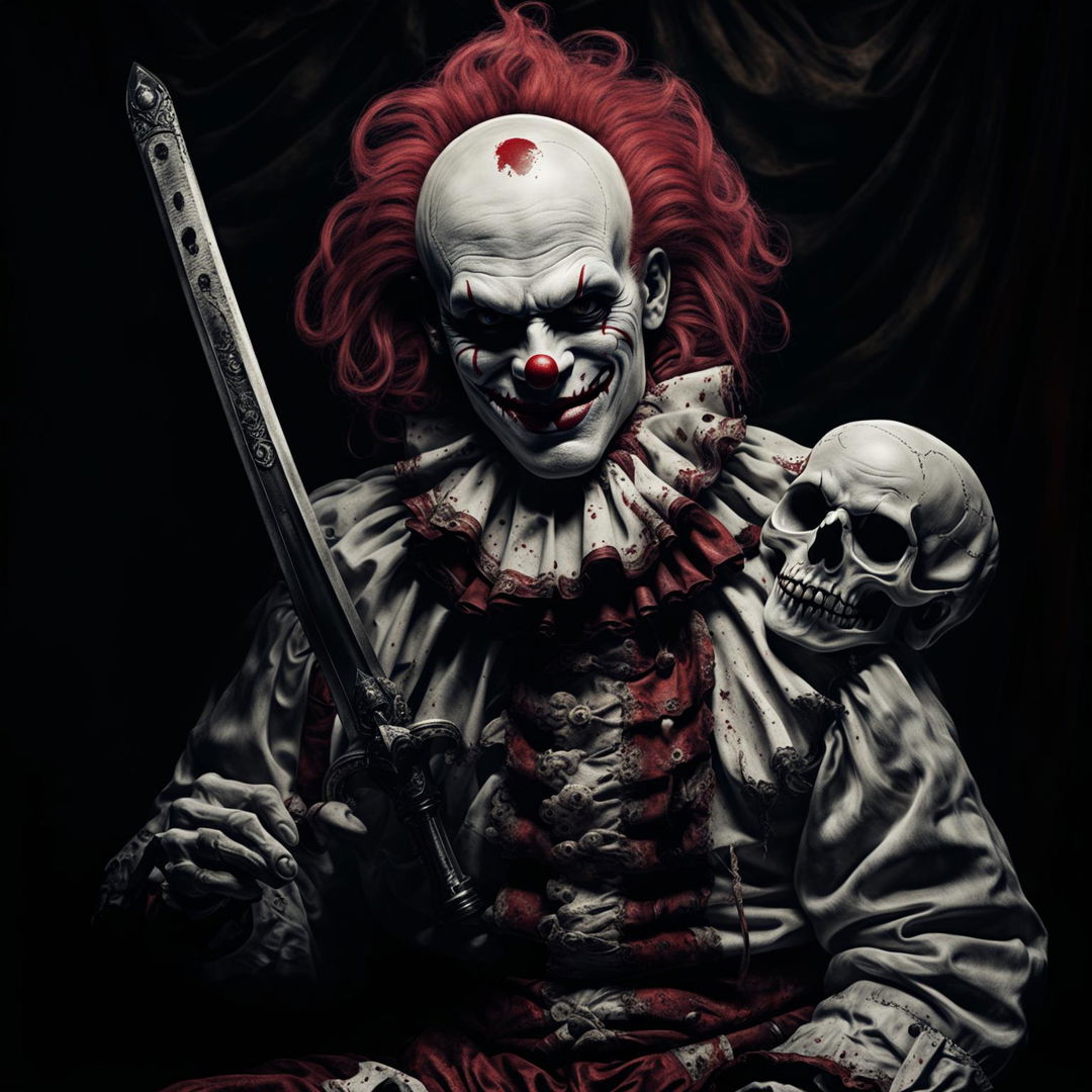 A sinister clown holding a skull and a dagger.