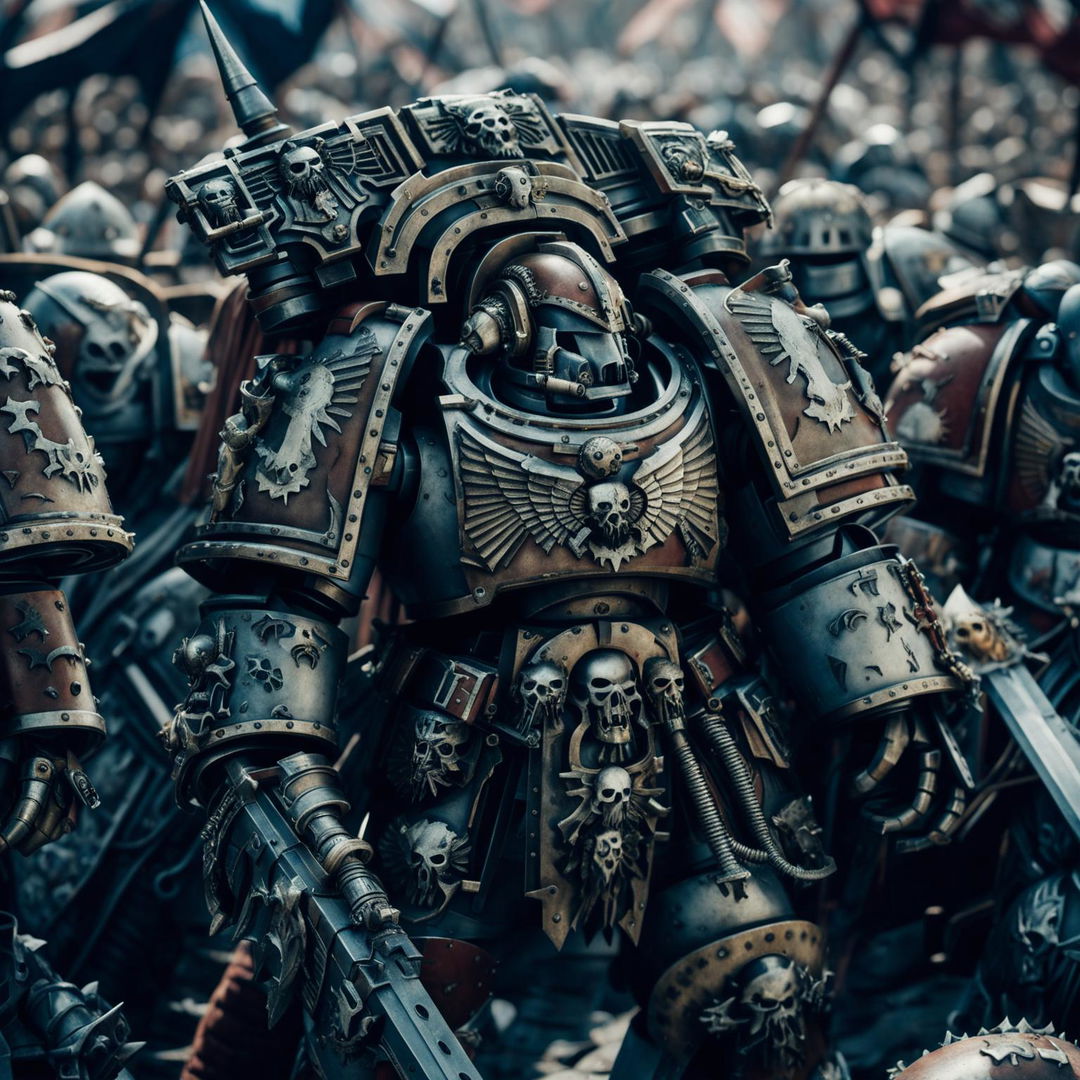 A Warhammer 40k Space Marine in medieval-style armor stands resolute on a chaotic medieval battlefield, wielding a glowing sword that blends elements of a medieval broadsword and a 40k power sword.