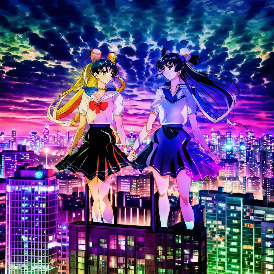 Real-life photograph of Sailor Moon and Sailor Mars standing on top of a city building at sunset. The cityscape is vibrant with colors reflecting off the buildings.